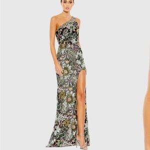 Mac Duggal Floral One-Shoulder Dress - Green and Yellow